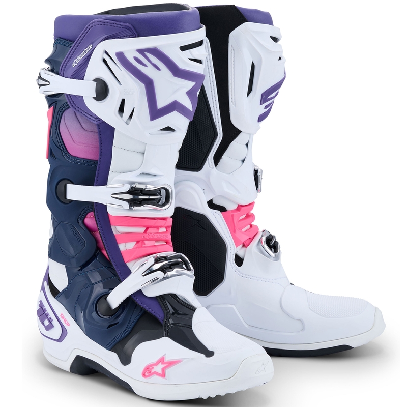 Ghete moto Alpinestars Tech 10 alb-violet-albastru-roz fluo