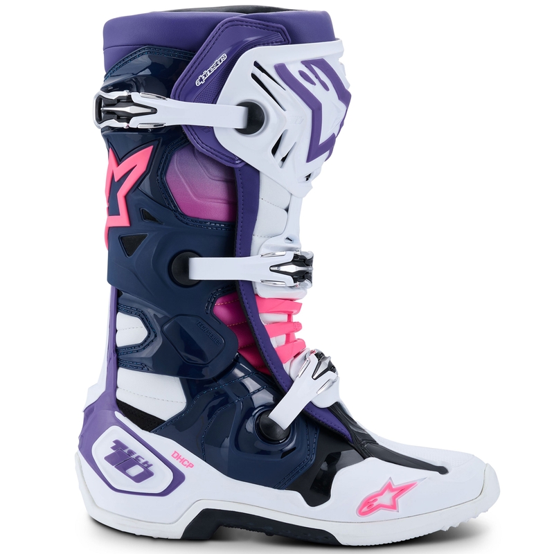 Ghete moto Alpinestars Tech 10 alb-violet-albastru-roz fluo
