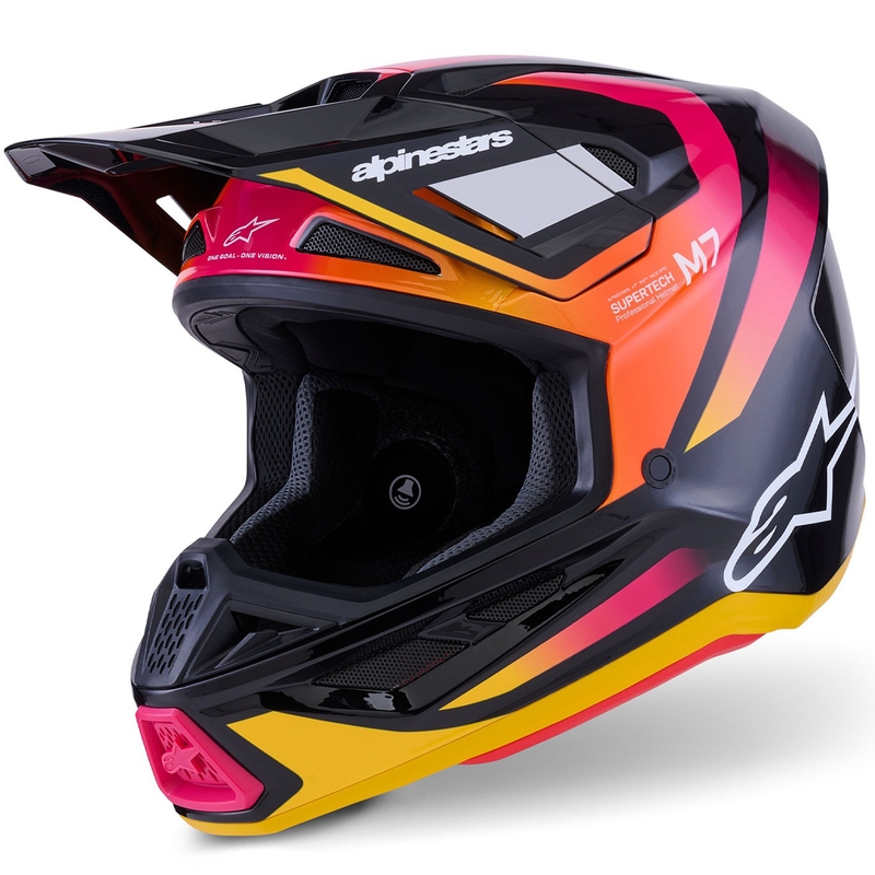 Cască motocross Alpinestars SM7 Rise negru-galben-roz fluo