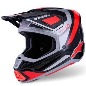 Cască motocross Alpinestars SM7 Rise negru-argintiu-roșu fluo