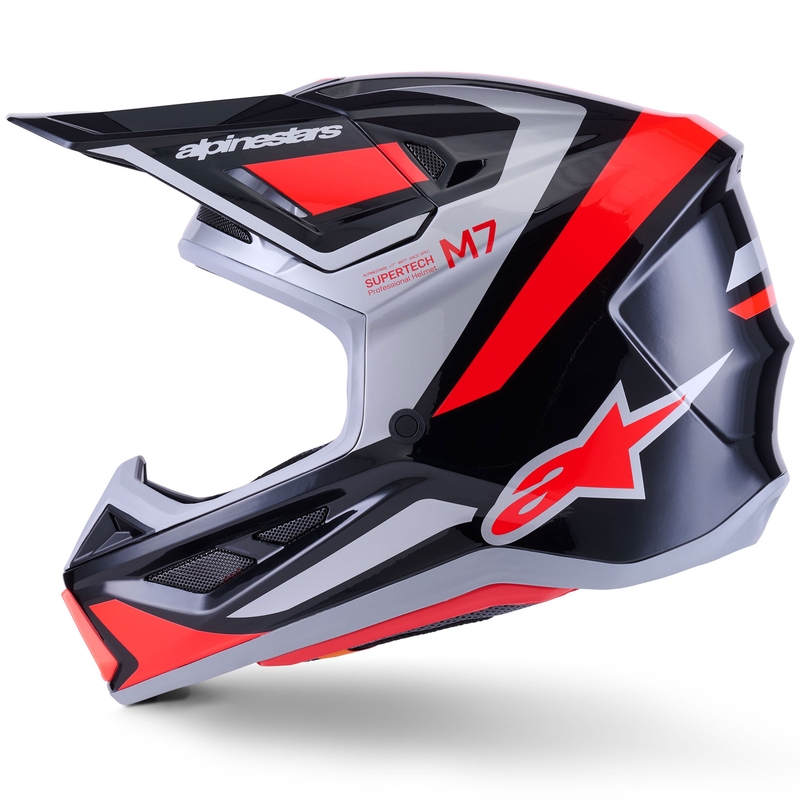 Cască motocross Alpinestars SM7 Rise negru-argintiu-roșu fluo