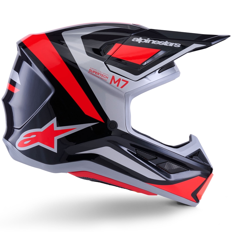Cască motocross Alpinestars SM7 Rise negru-argintiu-roșu fluo