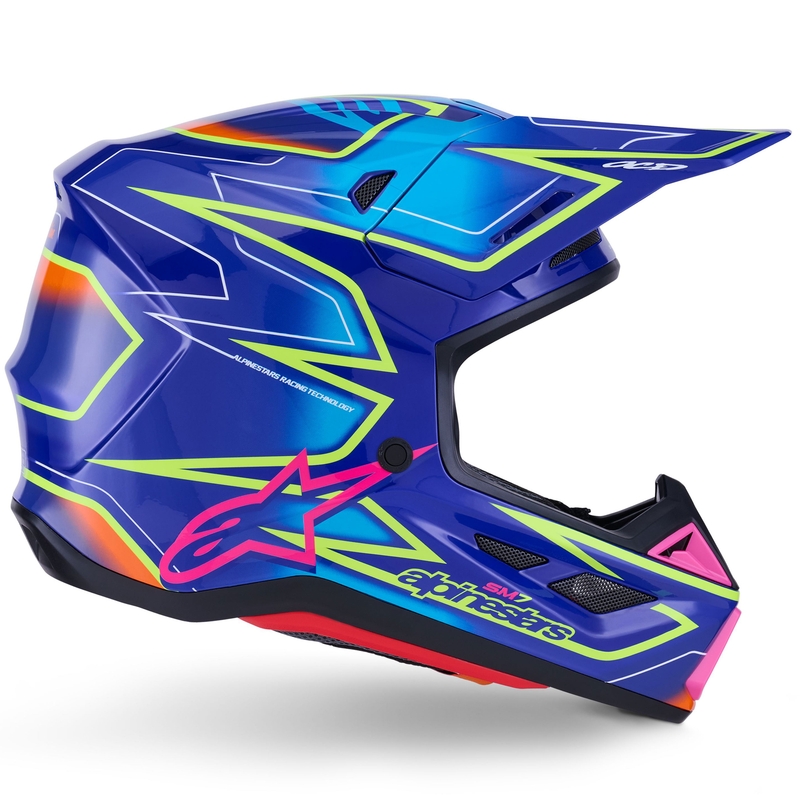 Cască motocross Alpinestars SM7 Cast albastru-roz-galben fluo