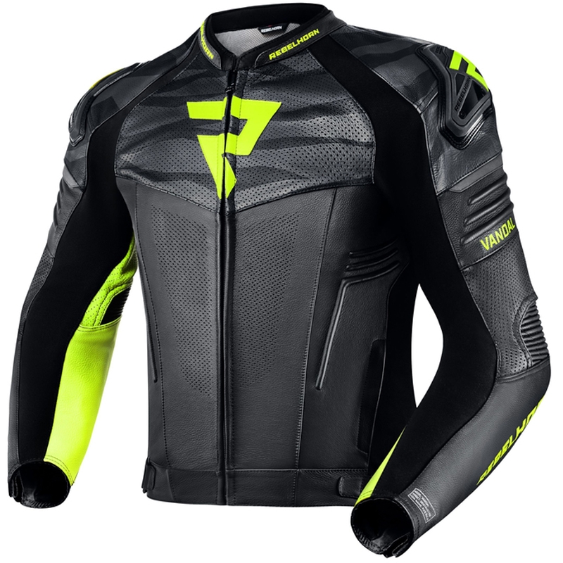 Jachetă de motocicletă din piele Rebelhorn Vandal Black-Fluo Yellow lichidare
