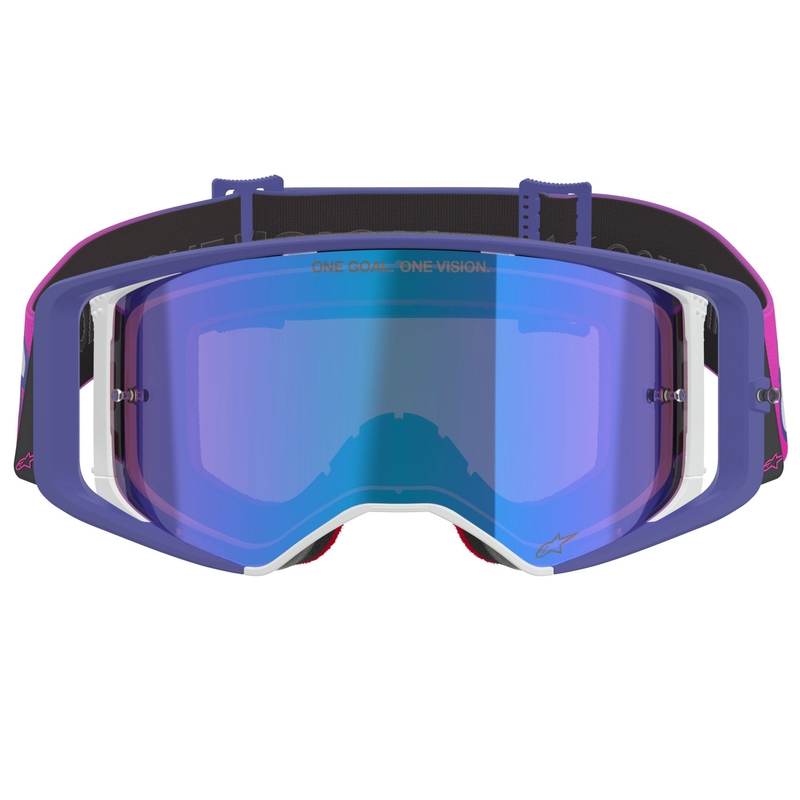 Ochelari motocross Alpinestars Supertech Vision Vista roz-violet fluo cu lentilă albastră oglindită