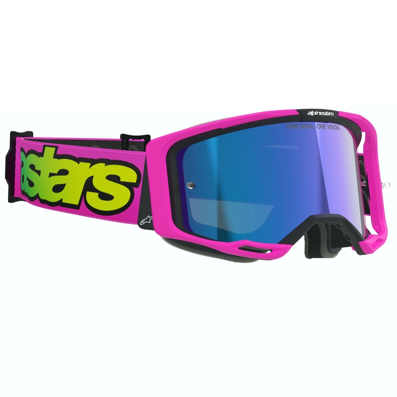 Ochelari motocross Alpinestars Vision 8 Vista roz fluo-galben-verde cu lentilă albastră oglindită