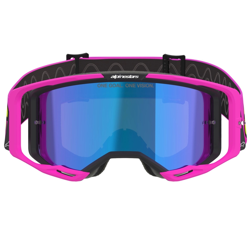Ochelari motocross Alpinestars Vision 8 Vista roz fluo-galben-verde cu lentilă albastră oglindită