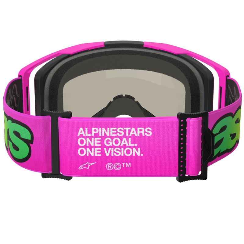 Ochelari motocross Alpinestars Vision 8 Vista roz fluo-galben-verde cu lentilă albastră oglindită