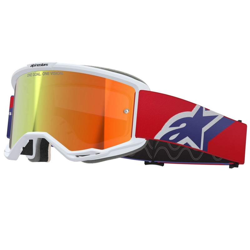 Ochelari motocross Alpinestars Vision 5 Corp alb-albastru-roșu cu lentilă roșie oglindită