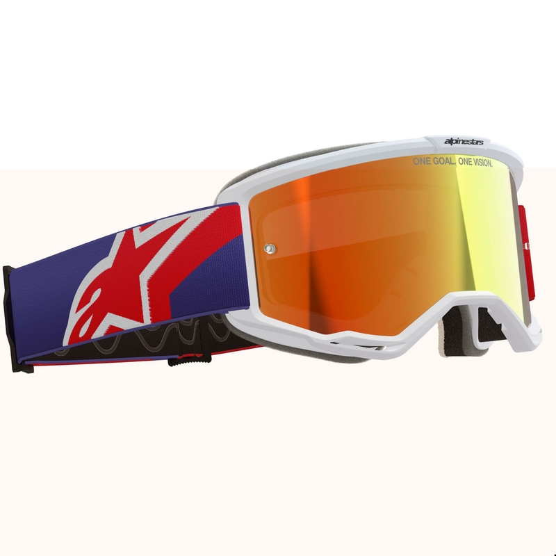 Ochelari motocross Alpinestars Vision 5 Corp alb-albastru-roșu cu lentilă roșie oglindită