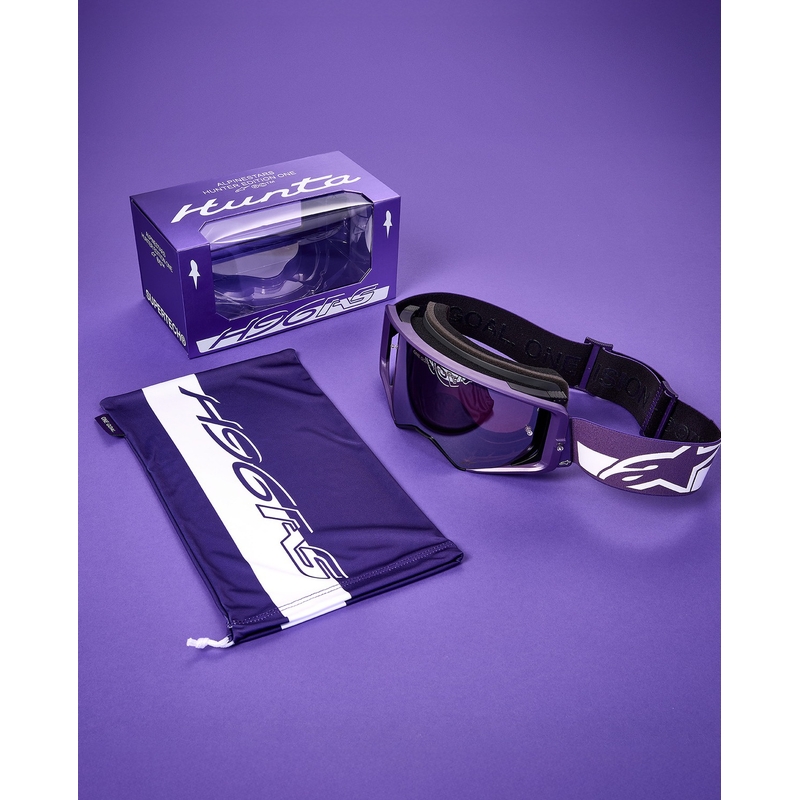 Ochelari motocross Alpinestars Supertech Vision Hunta96 XXV violet-alb cu plexiglas argintiu oglindă