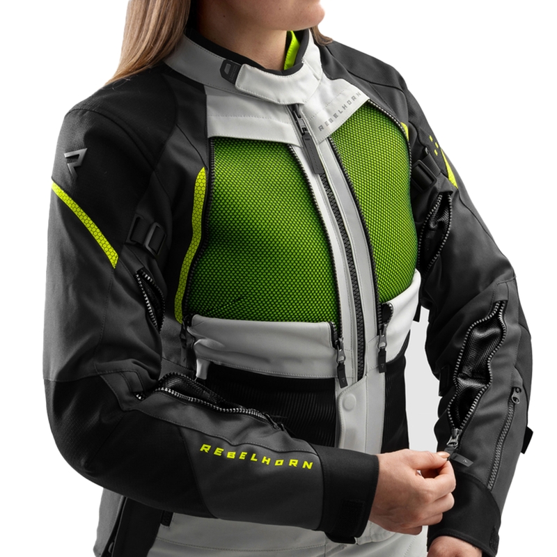 Geacă de motocicletă pentru femei Rebelhorn Hardy 3.0 negru-gri-galben fluo