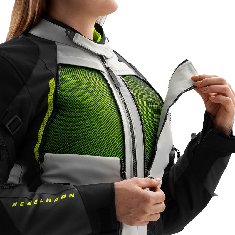 Geacă de motocicletă pentru femei Rebelhorn Hardy 3.0 negru-gri-galben fluo