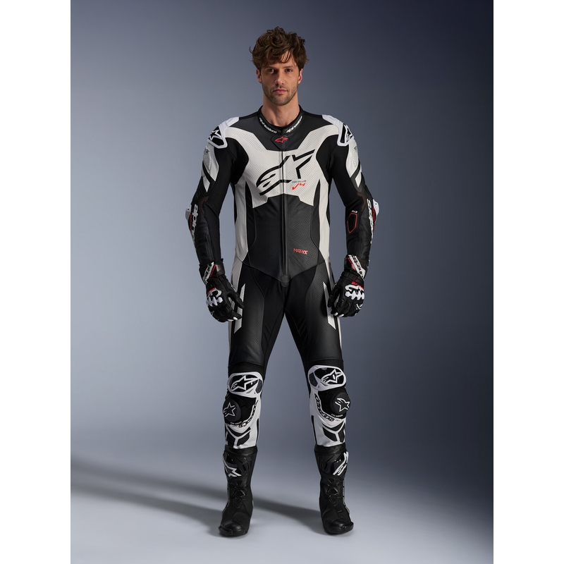 Costum de piele Alpinestars GP Plus V4 Sprint, compatibil cu Tech-air, negru-alb-roșu fluo