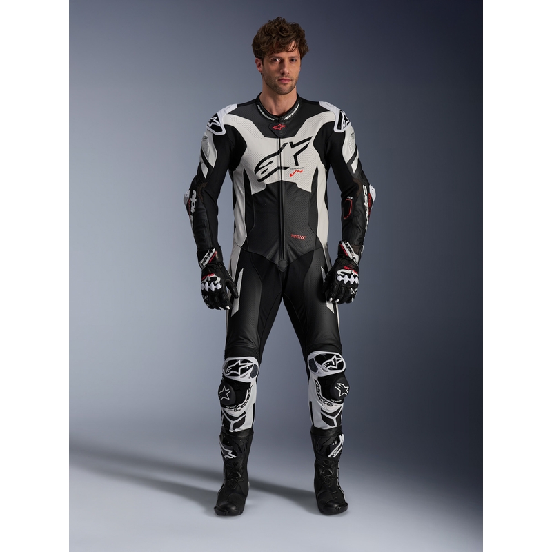 Costum de piele Alpinestars GP Plus V4 Sprint, compatibil cu Tech-air, negru-alb-roșu fluo