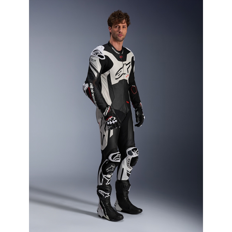 Costum de piele Alpinestars GP Plus V4 Sprint, compatibil cu Tech-air, negru-alb-roșu fluo