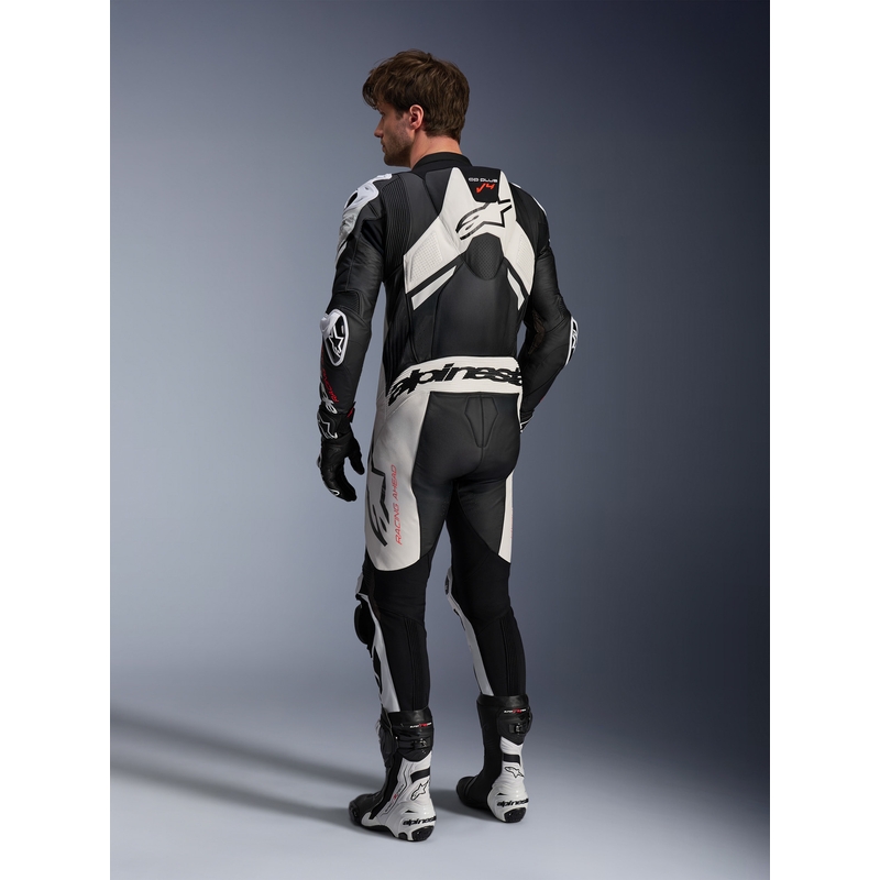Costum de piele Alpinestars GP Plus V4 Sprint, compatibil cu Tech-air, negru-alb-roșu fluo
