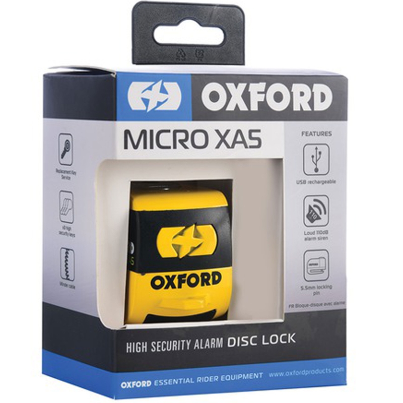 Blocator frână disc Oxford Micro XA5 cu alarmă integrată, galben-negru