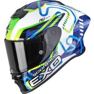 Cască integrală pentru motocicletă Scorpion EXO-R1 EVO II Air Cornering, alb-albastru-verde