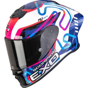 Cască integrală pentru motocicletă Scorpion EXO-R1 EVO II Air Cornering, alb-albastru-roz
