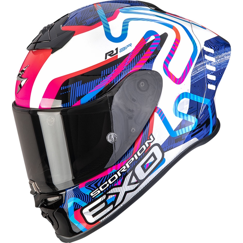 Cască integrală pentru motocicletă Scorpion EXO-R1 EVO II Air Cornering, alb-albastru-roz