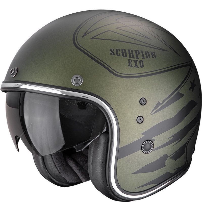 Cască de motocicletă Scorpion Belfast Dawg Open Face, verde mat