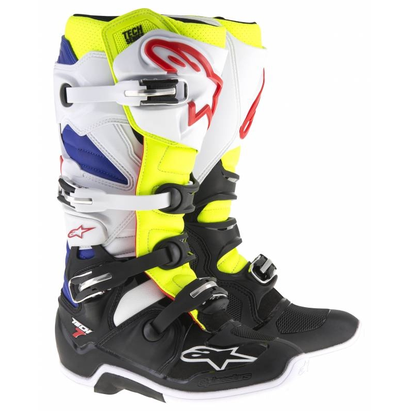 Alpinestars Tech 7 alb-negru-albastru-albastru-roșu-galben-fluo cizme de motocicletă