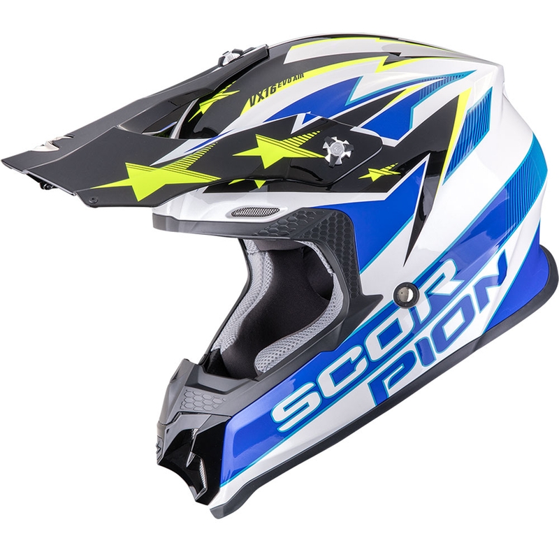 Cască motocross Scorpion VX-16 EVO Air Patriot alb-albastru-galben