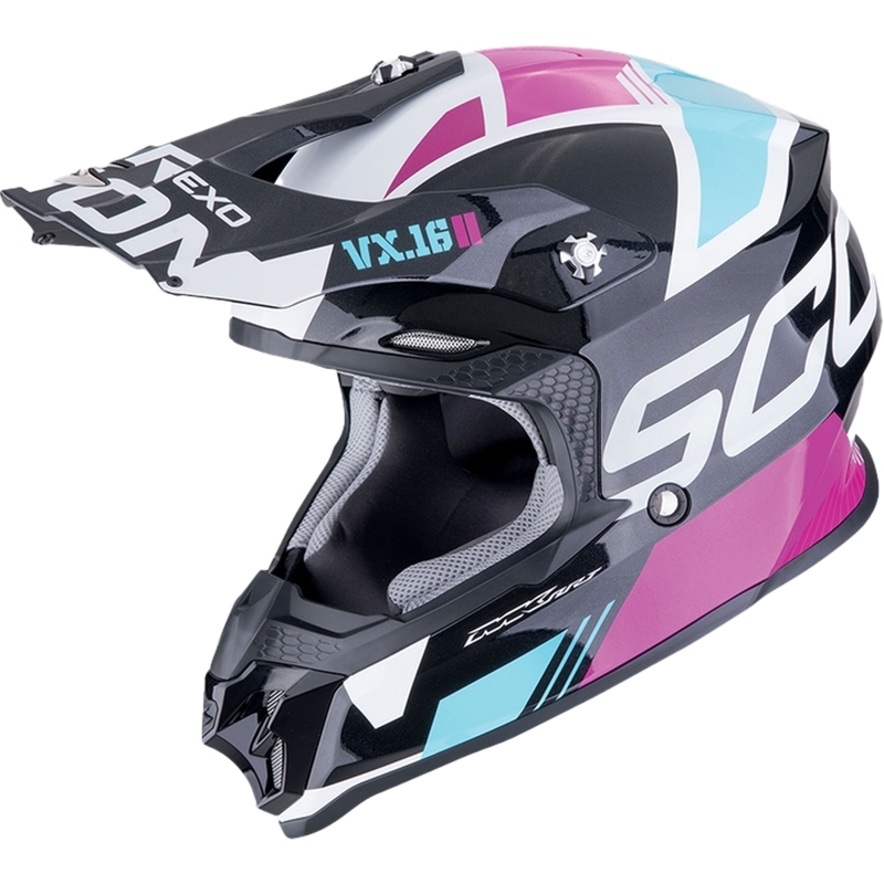 Casca motocross Scorpion VX-16 EVO AIR ANALOG metalizat negru-albastru-roz