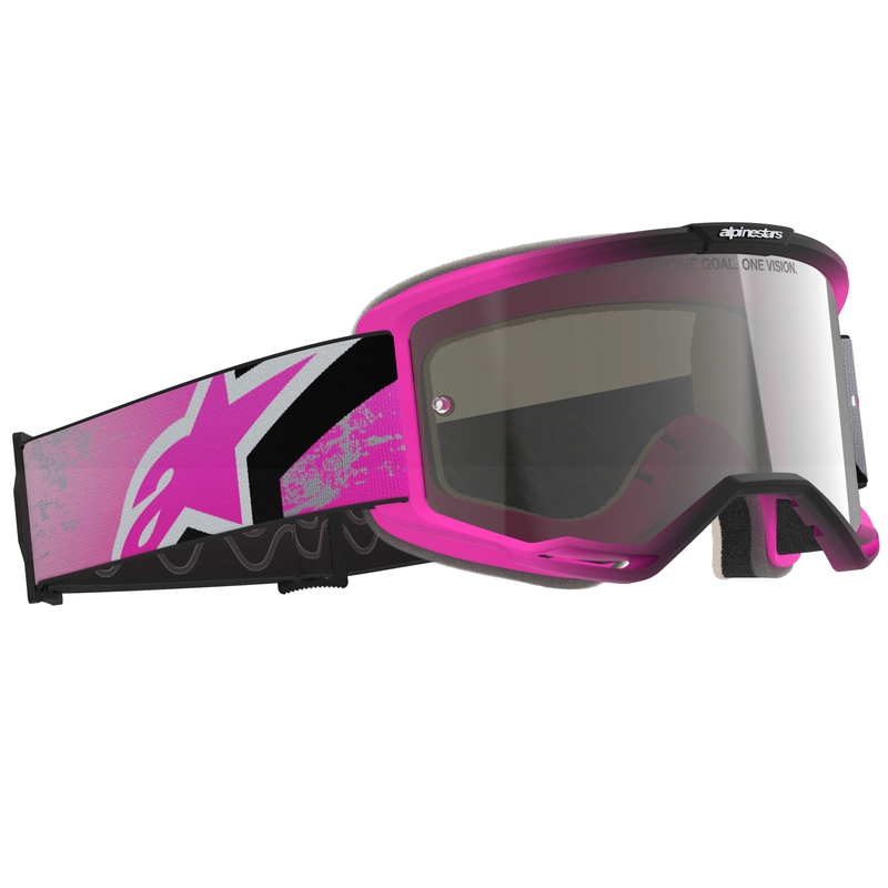 Ochelari motocross Alpinestars Vision 5 Lahnd roz-gri-negru-alb fluo cu lentilă argintie oglindită