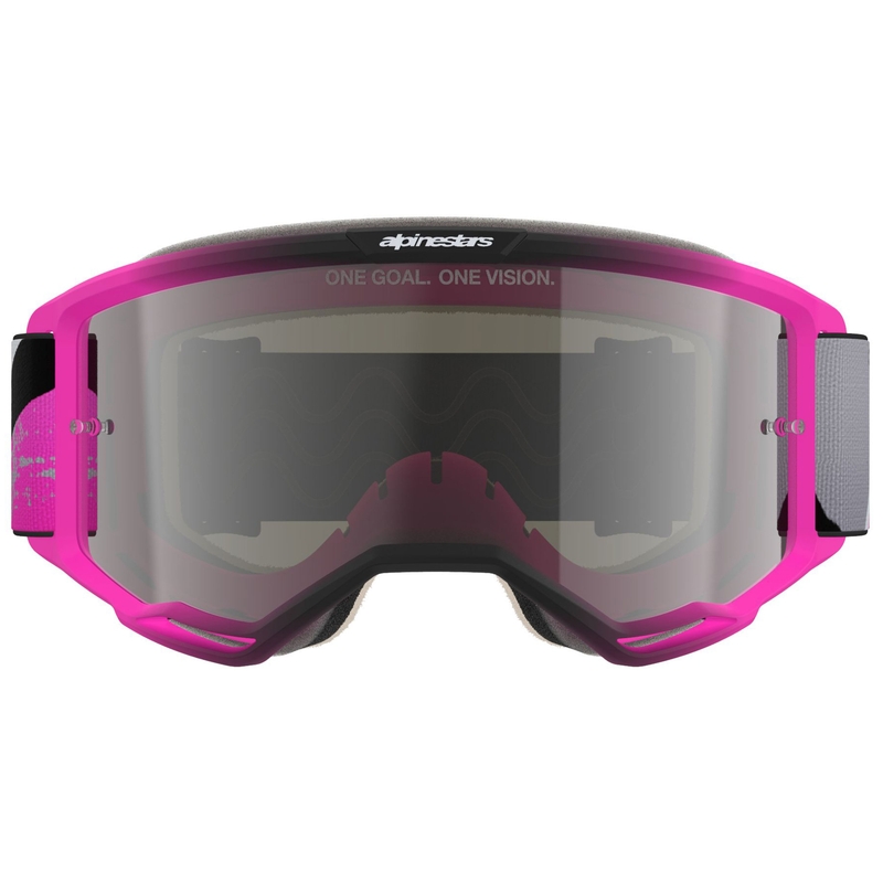 Ochelari motocross Alpinestars Vision 5 Lahnd roz-gri-negru-alb fluo cu lentilă argintie oglindită