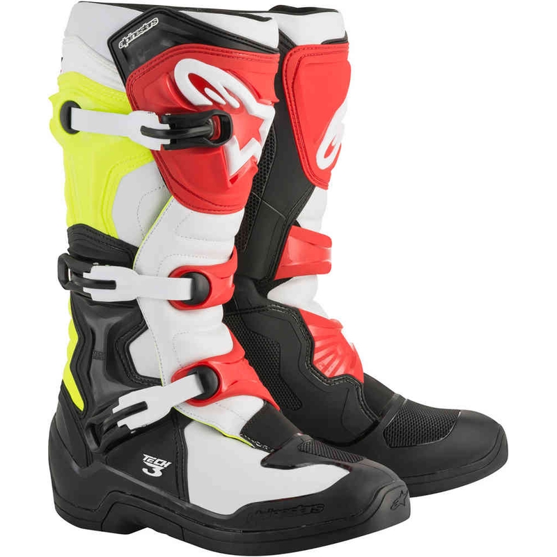 Alpinestars Tech 3 alb-negru-roșu-roșu-galben-fluo cizme de motocicletă