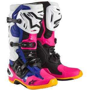 Ghete de motocicletă Alpinestars Tech 10 Limited Edition Coast Alb-Bleumarin-Roz-Galben Fluo-Portocaliu-Negru
