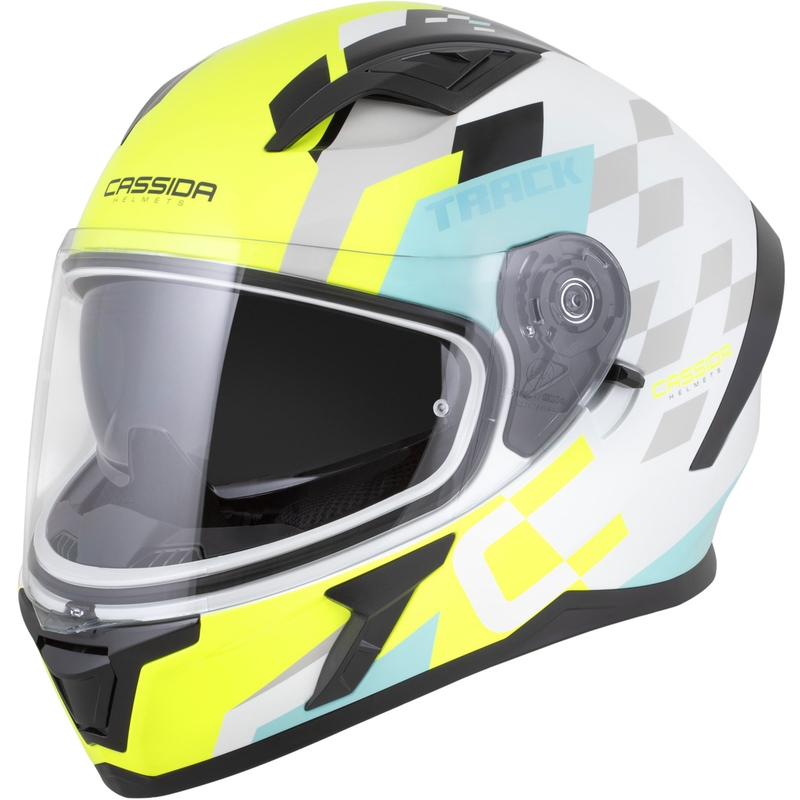 Cască integrală pentru motocicletă Cassida Orbit Track alb-galben fluo-turcoaz-negru