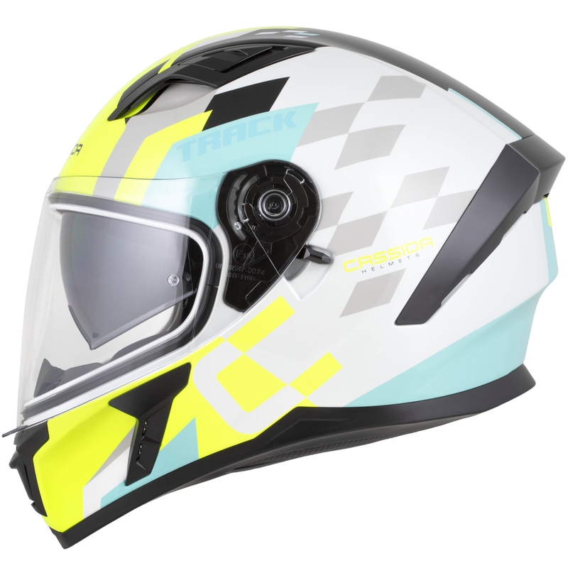 Cască integrală pentru motocicletă Cassida Orbit Track alb-galben fluo-turcoaz-negru