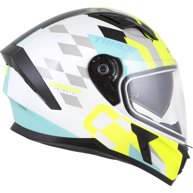 Cască integrală pentru motocicletă Cassida Orbit Track alb-galben fluo-turcoaz-negru