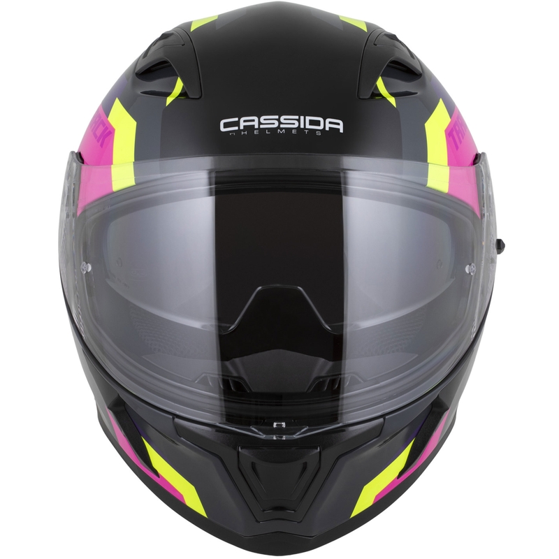 Cască integrală pentru motocicletă Cassida Orbit Track negru-roz-violet-galben fluo-alb