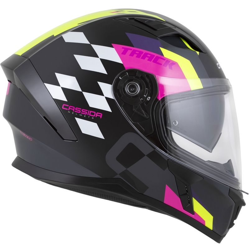 Cască integrală pentru motocicletă Cassida Orbit Track negru-roz-violet-galben fluo-alb