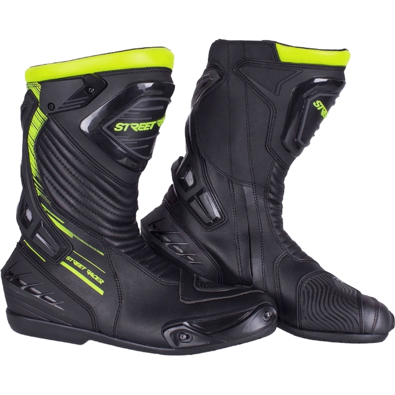 Ghete moto Street Racer Grid negru-galben fluorescent