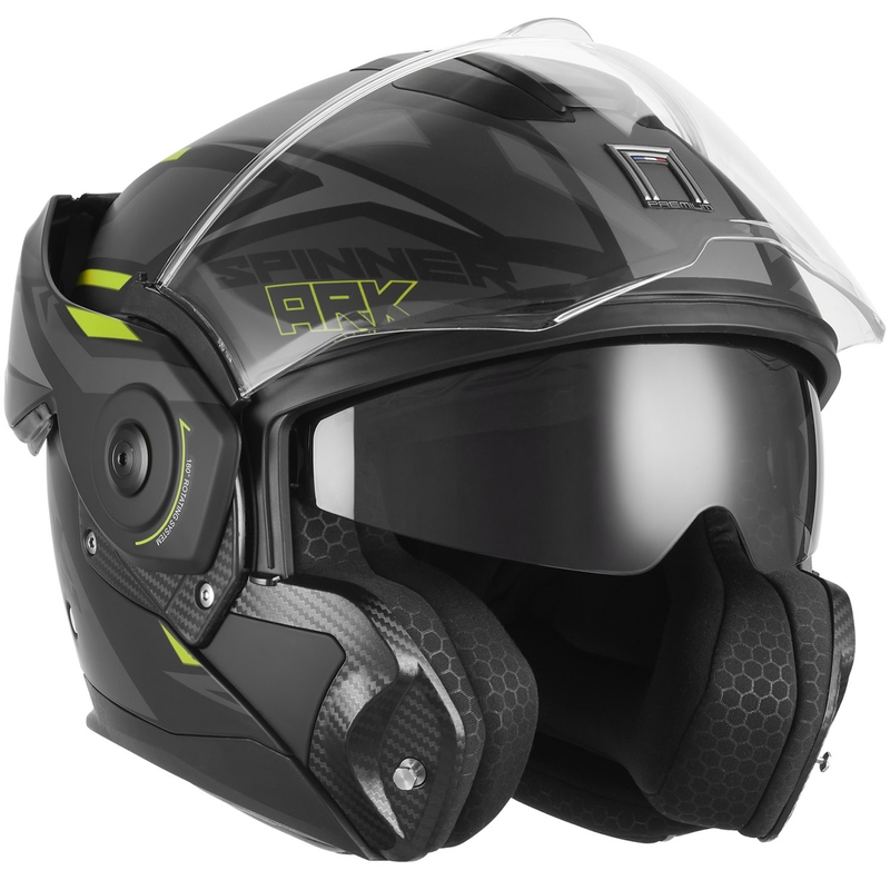 Cască de motocicletă NOX PREMIUM Spinner Ark, flip-up, negru mat-galben fluo