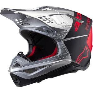 Casca motocross Alpinestars Supertech S-M10 Flood mat argintiu-negru-portocaliu fluo