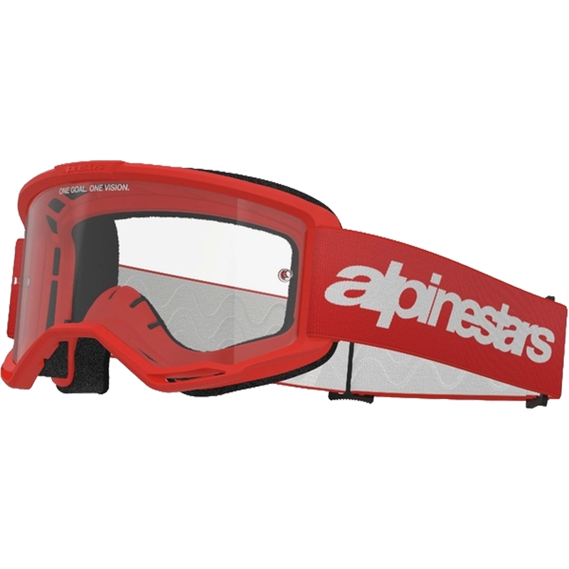 Ochelari de protecție roșii de motocross Alpinestars Vision 3 Wordmark cu plexiglas transparent