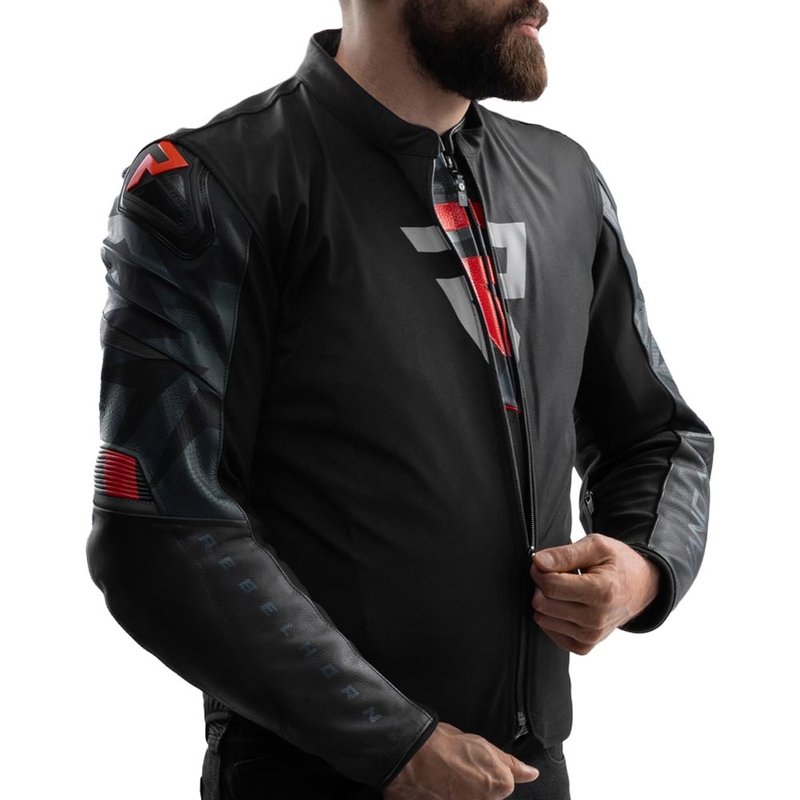 Geacă de motocicletă din piele Rebelhorn Vandal 2 negru-gri-roșu fluo