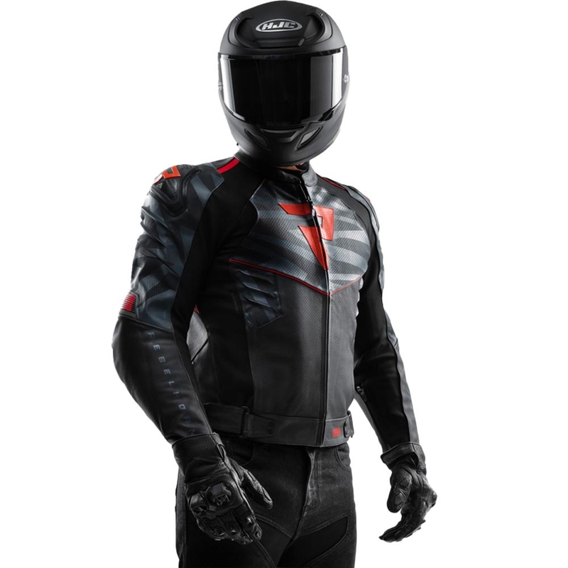 Geacă de motocicletă din piele Rebelhorn Vandal 2 negru-gri-roșu fluo