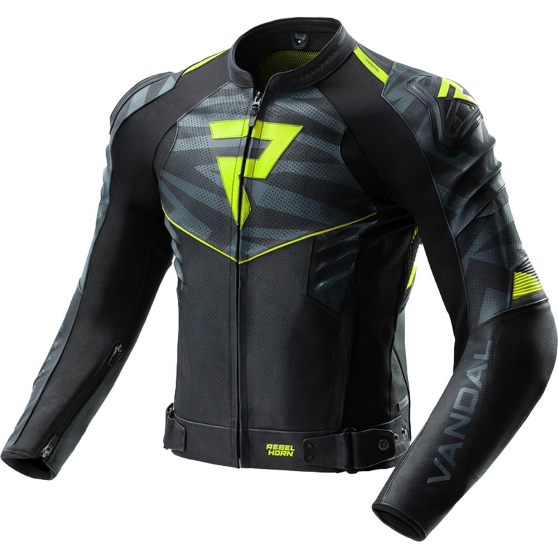 Geacă de motocicletă din piele Rebelhorn Vandal 2 negru-gri-galben fluo