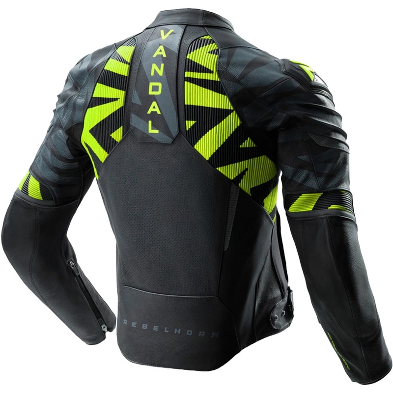 Geacă de motocicletă din piele Rebelhorn Vandal 2 negru-gri-galben fluo
