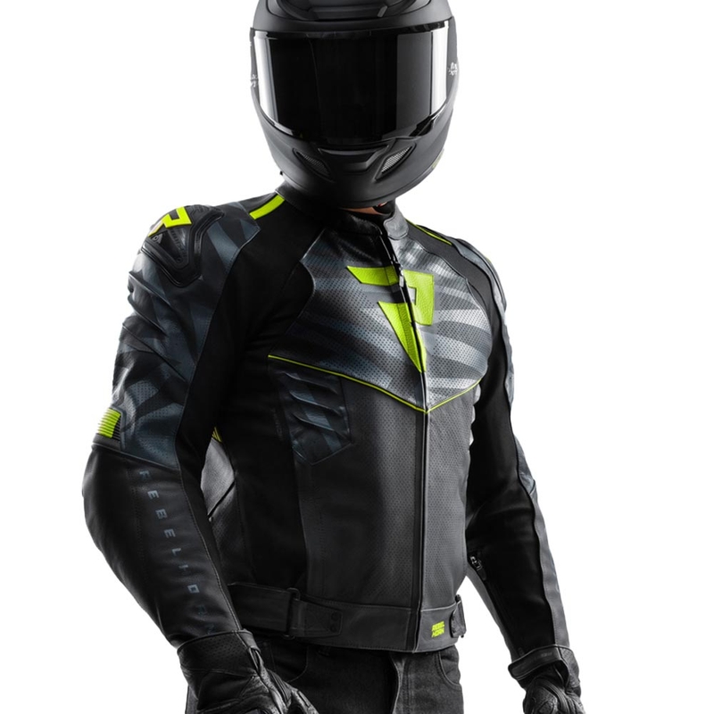 Geacă de motocicletă din piele Rebelhorn Vandal 2 negru-gri-galben fluo