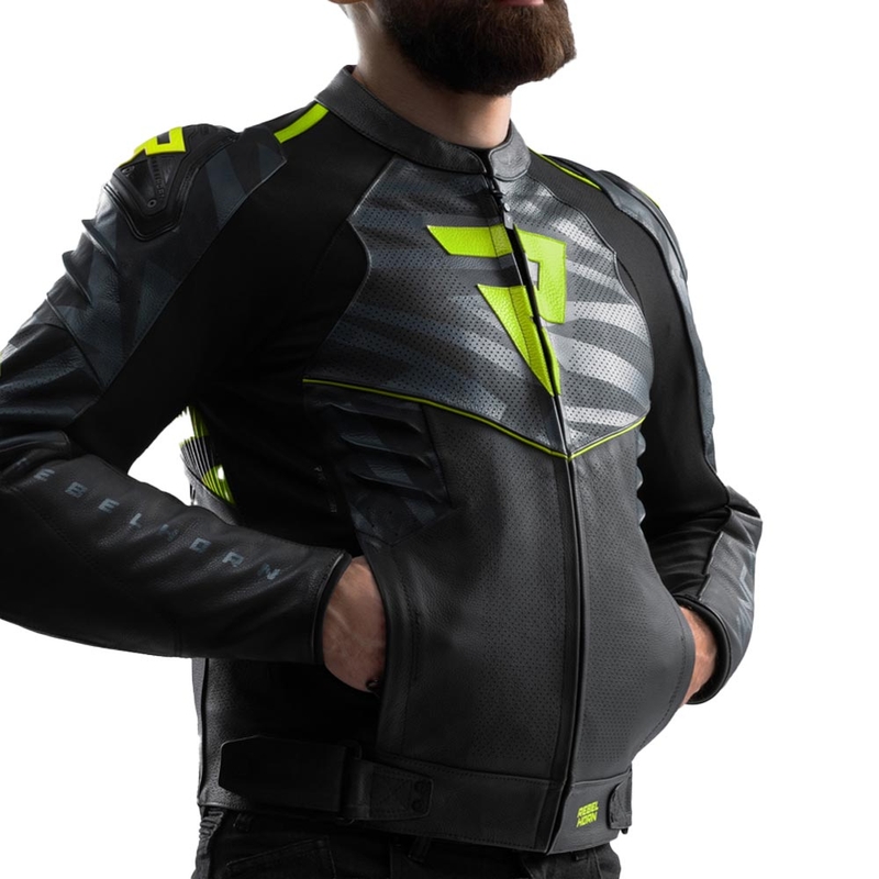 Geacă de motocicletă din piele Rebelhorn Vandal 2 negru-gri-galben fluo