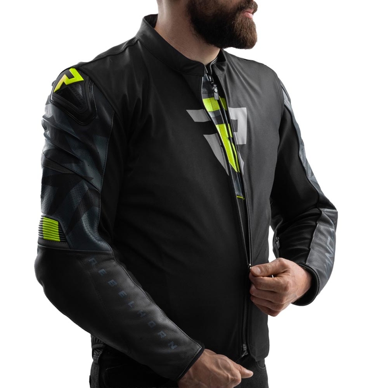Geacă de motocicletă din piele Rebelhorn Vandal 2 negru-gri-galben fluo