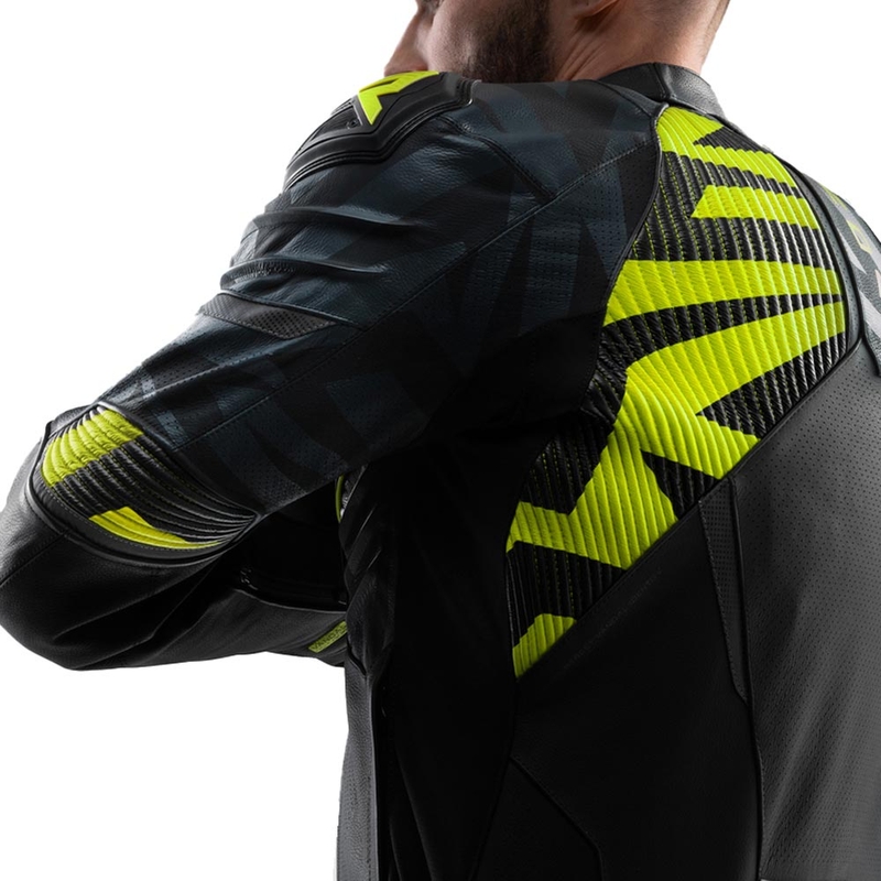 Geacă de motocicletă din piele Rebelhorn Vandal 2 negru-gri-galben fluo